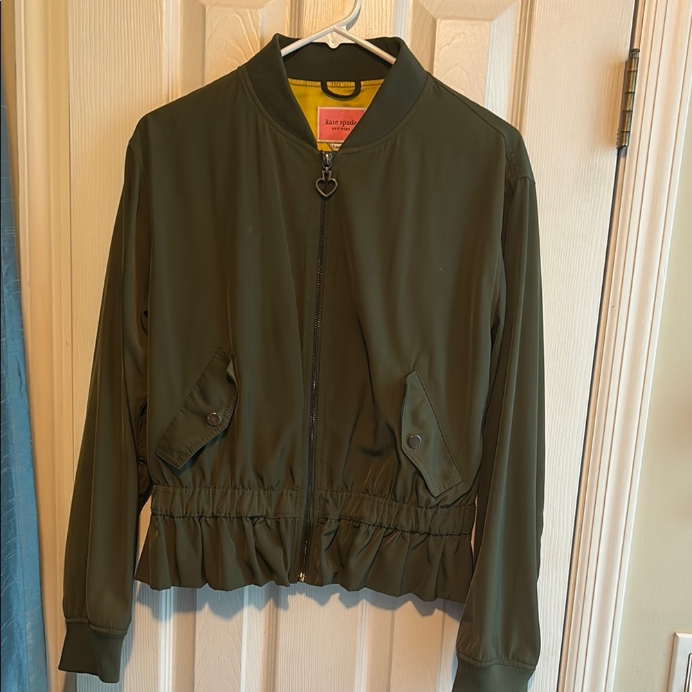 Kate Spade Olive Green Bomber Jacket with Ribbed Waistband